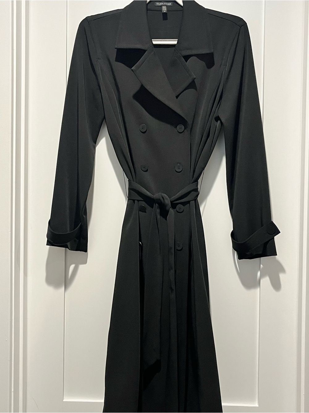 Eileen Fisher Black Double-Breasted Long Trench Coat with Belt
